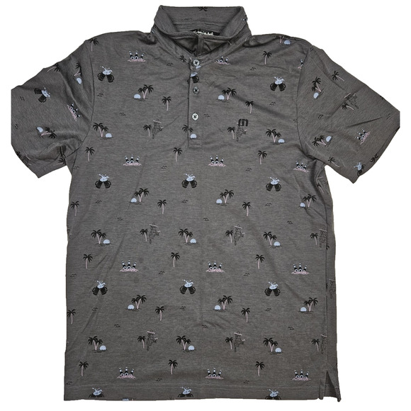 Travis Mathew Polo Men's Medium Gray Beach Beer All over Print Summer Pima - Picture 1 of 6